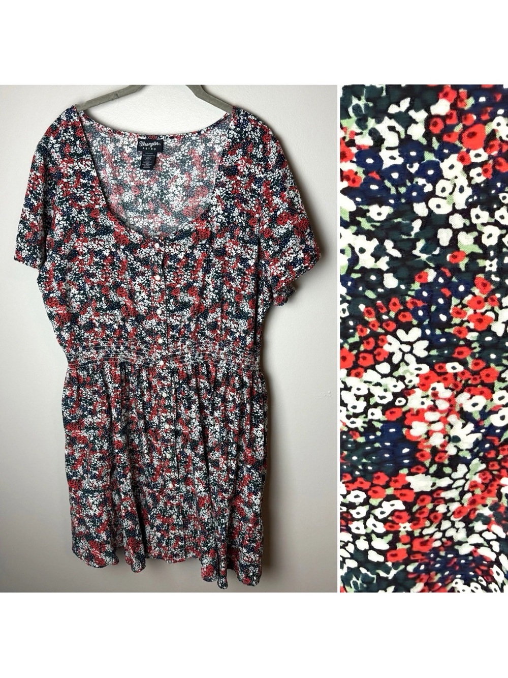 Wrangler Retro Dress Size XXL 2XL Red Blue White Floral Pearl Snap Western Boho